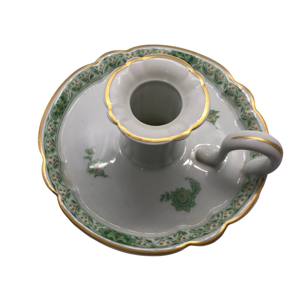 Haviland France Limoges Porcelain Gold Rim/White/Green Floral Tree Chamberstick